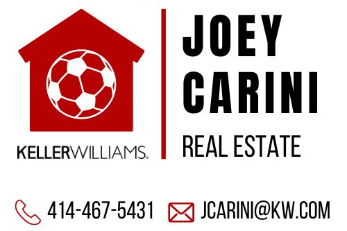 A red and white business card for a real estate agent.